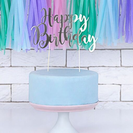 Ornament pentru Torturi Aniversare ”Happy Birthday” - Argintiu - PartyDeco
